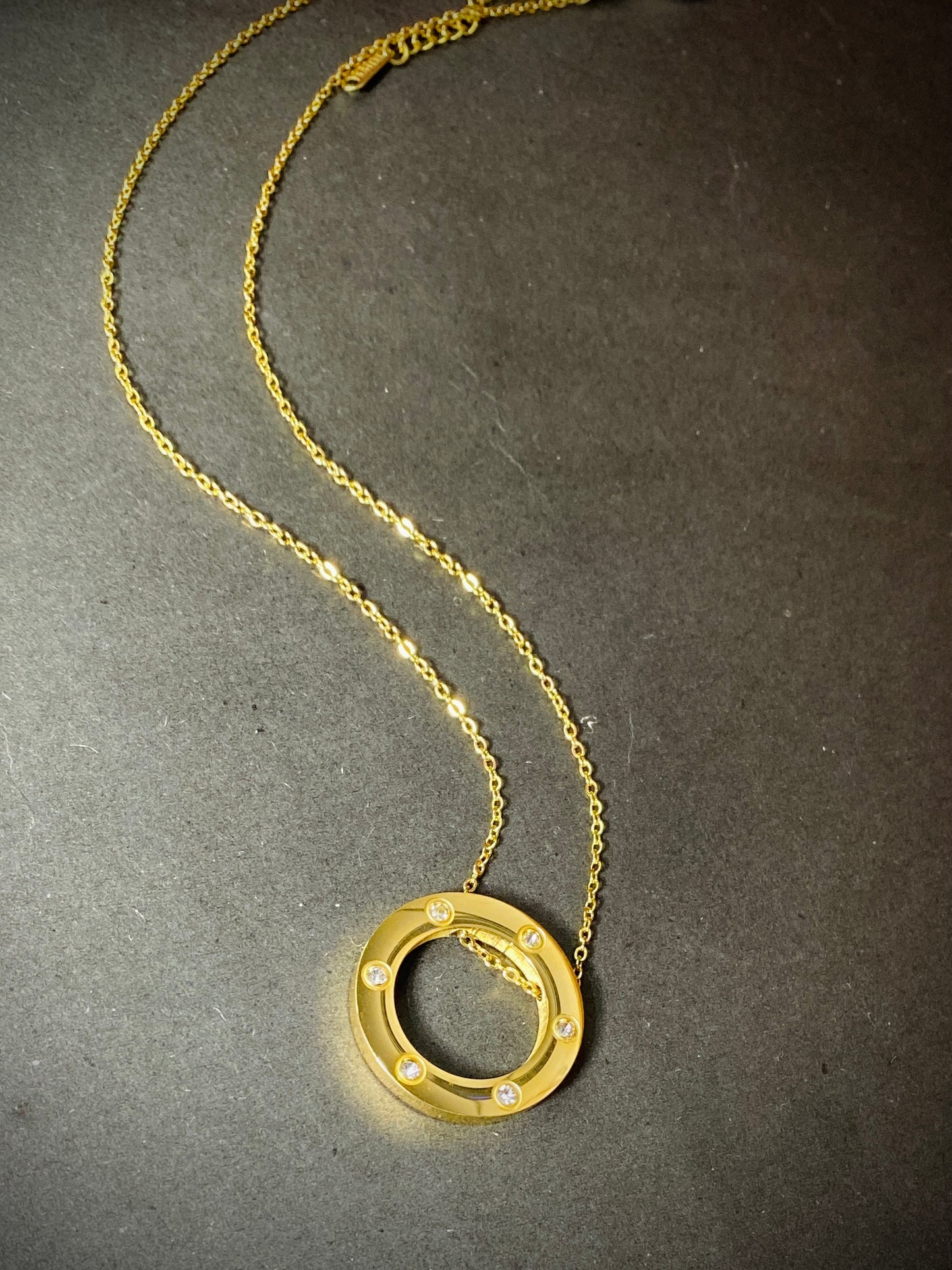 Gold Circle Pendant Necklace with Crystals