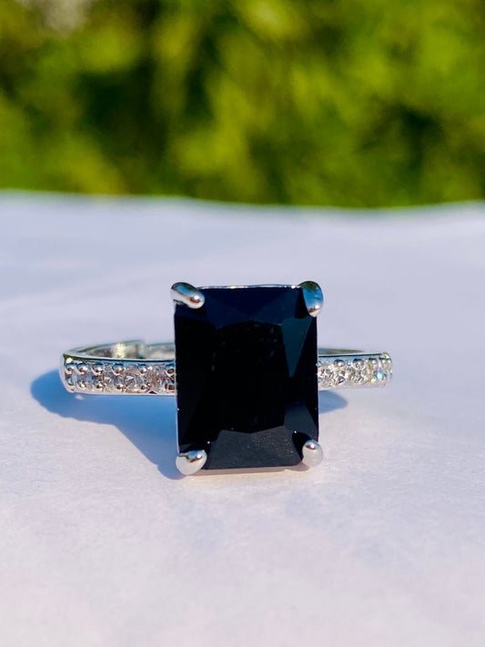 Elegant Silver Ring with Black Rectangular Stone stainless steel