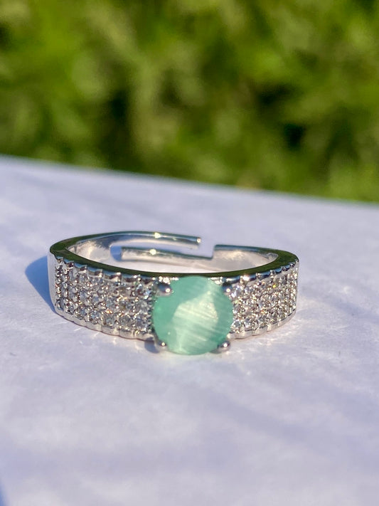 Silver Adjustable Ring with Green Gemstone stainless steel