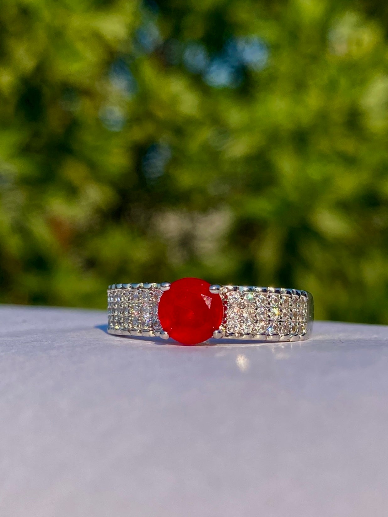 Silver Adjustable Ring with Red Gemstone stainless steel