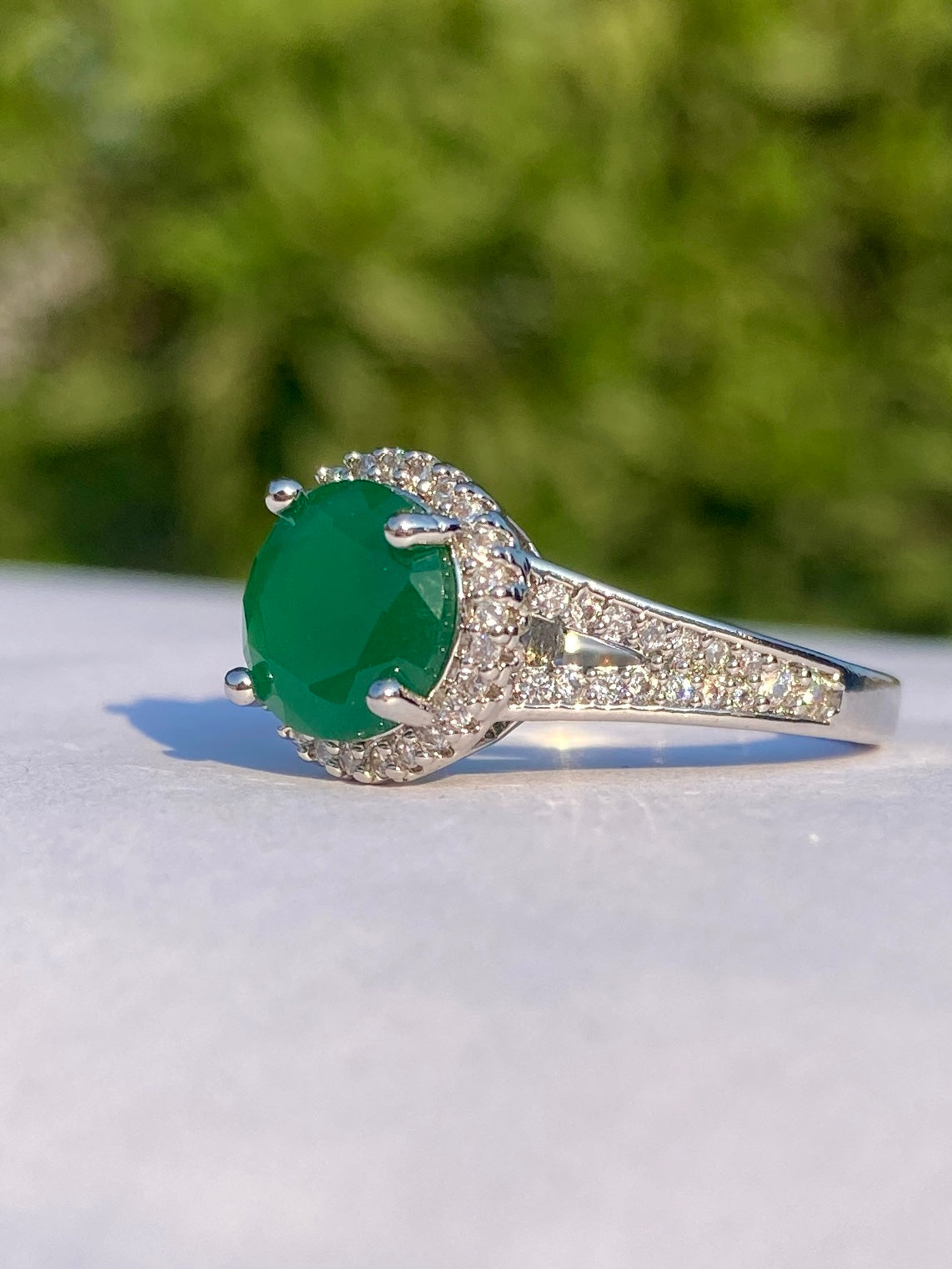 Silver Halo Ring with Green Gemstone stainless steel