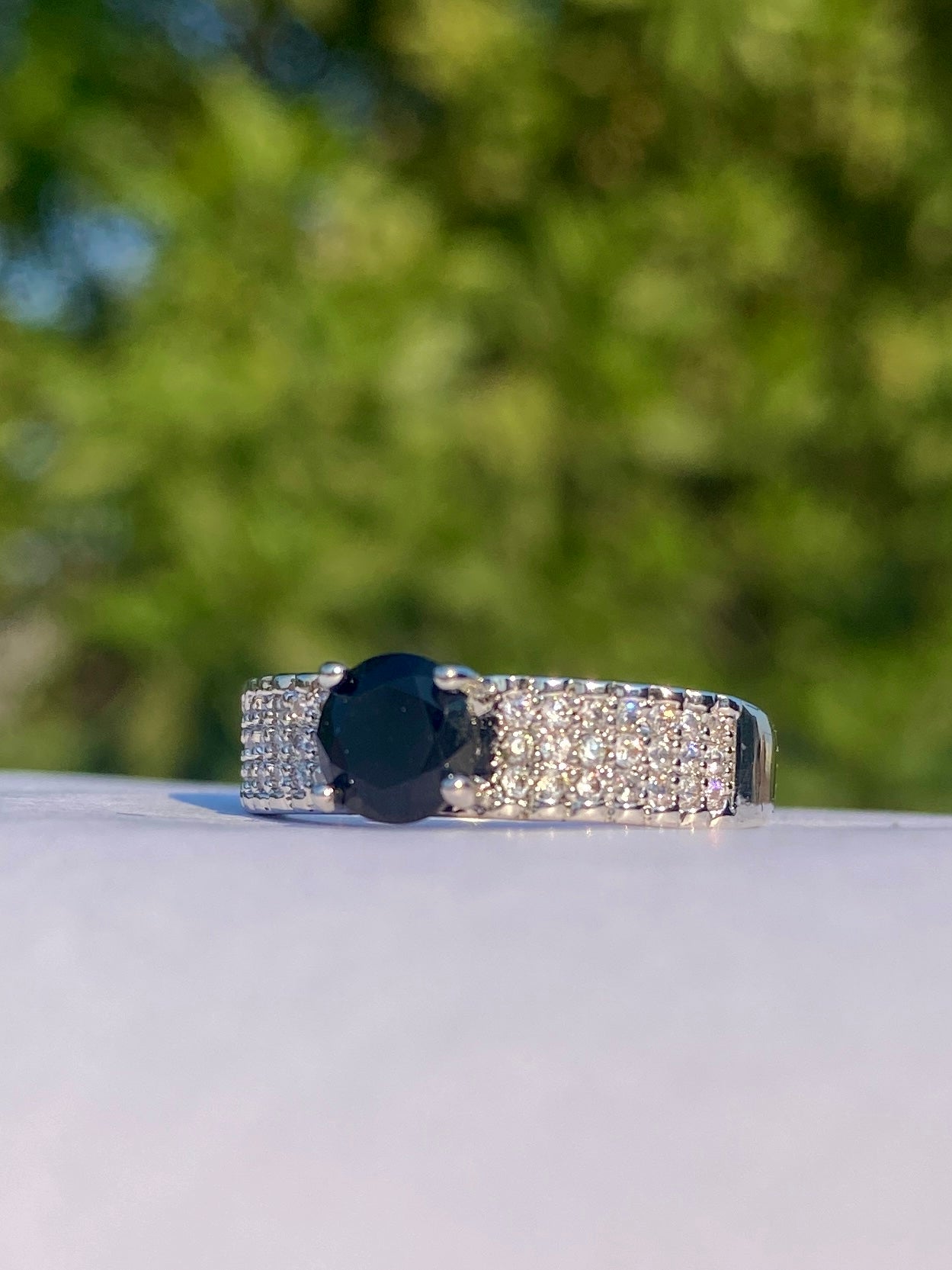 Silver Adjustable Ring with Black Gemstone stainless steel