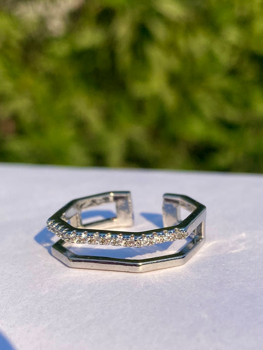 Geometric Silver Adjustable Ring with Crystal Accents stainless steel