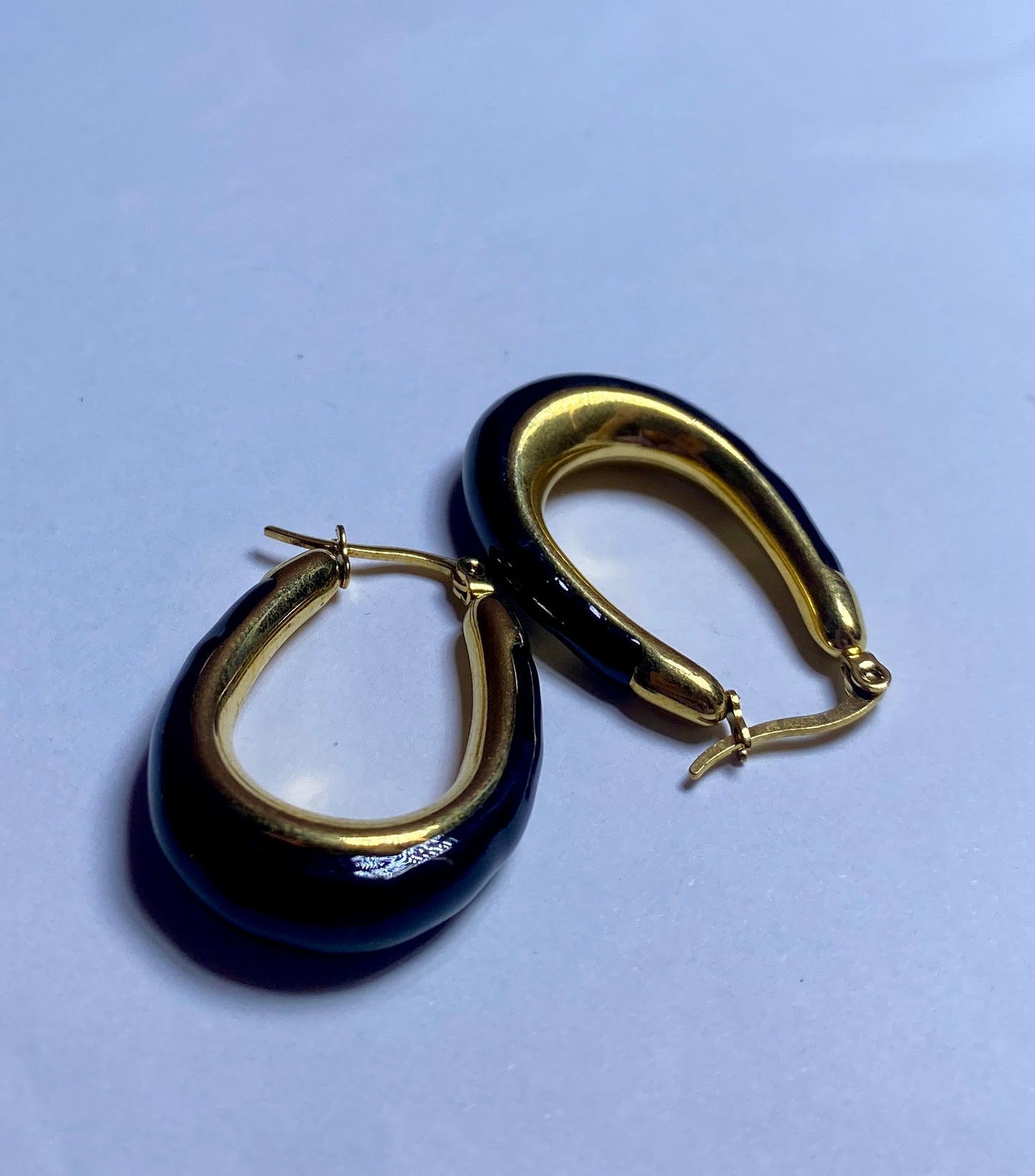 Gold and White and Black Enamel Hoop Earrings