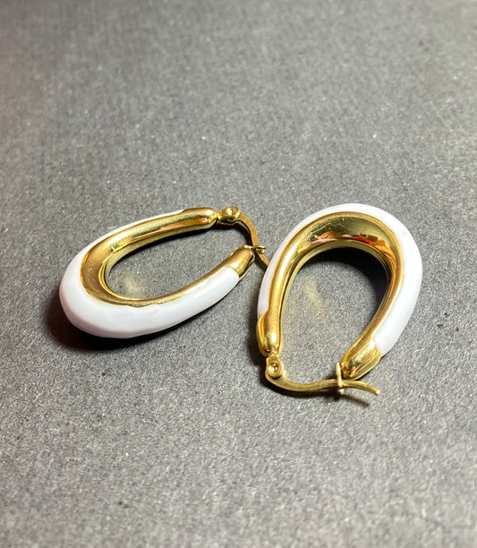 Gold and White and Black Enamel Hoop Earrings